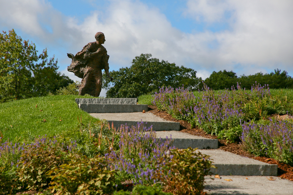 Louis Brandeis Statue on Brandeis campus, with steps leading up to it