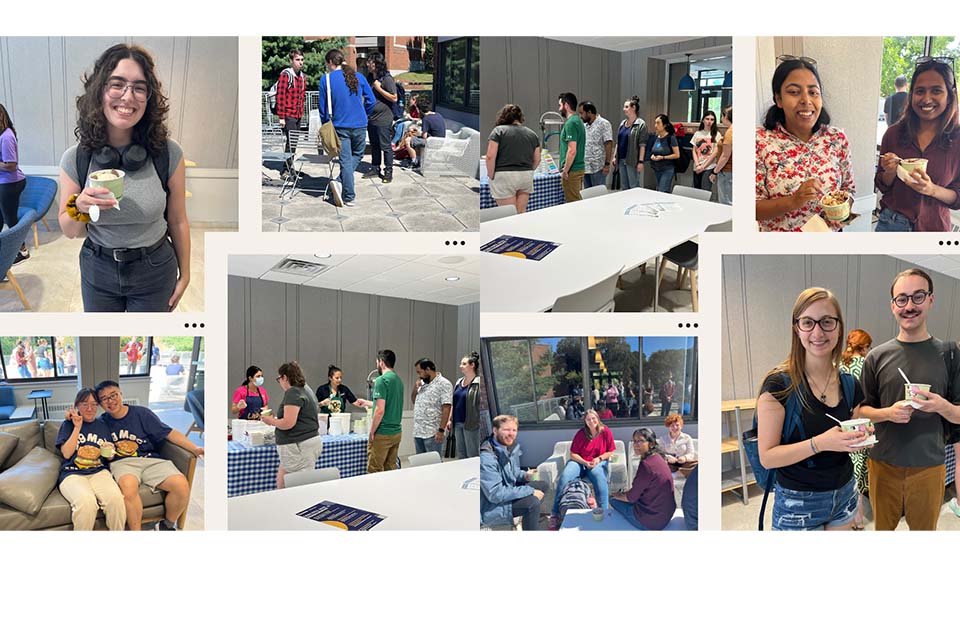 Images clockwise from top left: A student smiles holding an ice cream cup; students gather outside on the Feldberg Lounge deck; students line up at a table for ice cream; two students smile holding ice cream; two other students smile holding ice cream; students sit in chairs on the Feldberg Lounge deck; students line up for ice cream; two students wearing shirts with hamburgers on them sit on a couch and smile 