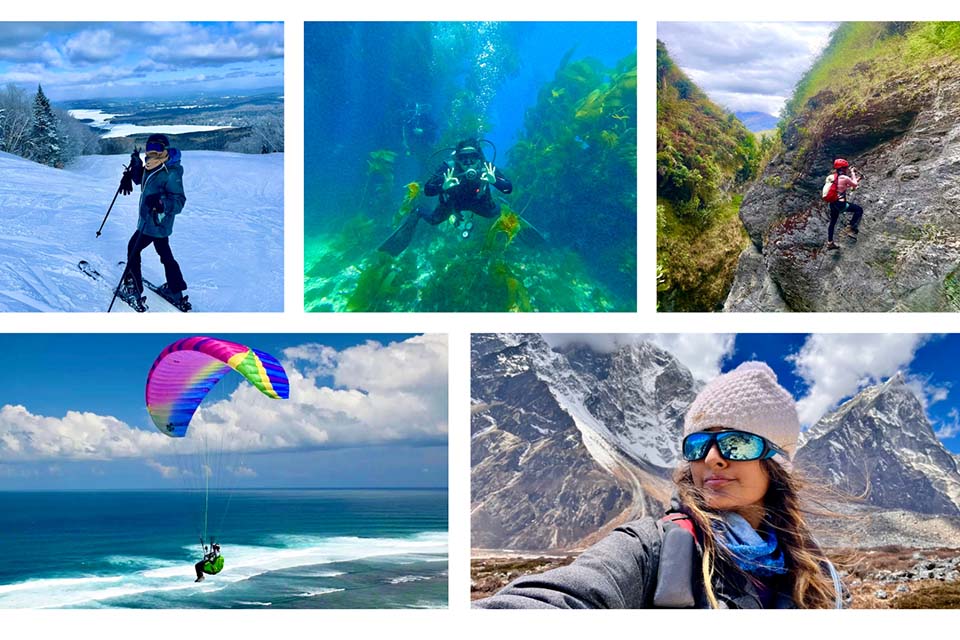 A collage of photos of Vedanshi Shah skiing, snorkeling, climbing, paragliding, and standing in front of a mountain.