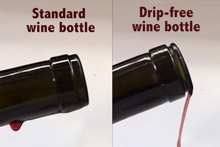 comparing dripping wine bottle to drip-free wine bottle