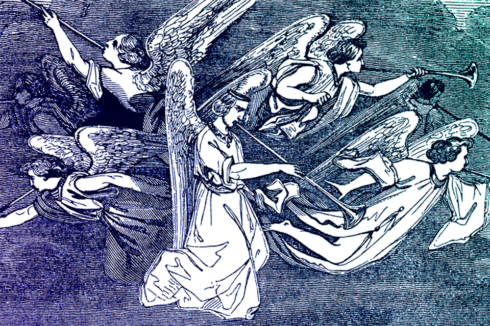 A woodcut of angels blowing trumpets