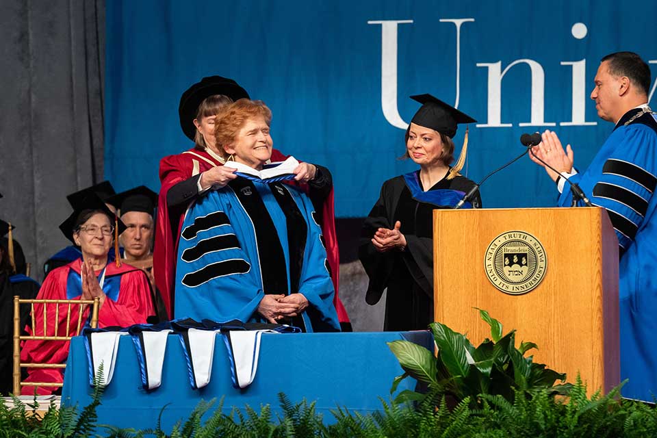 Lipstadt receives an honorary degree at the Brandeis 2019 commencement ceremony.