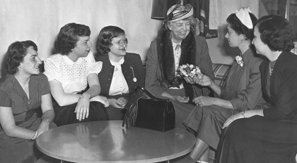 Adaire Klein and four other students sit with Eleanor Roosevelt.
