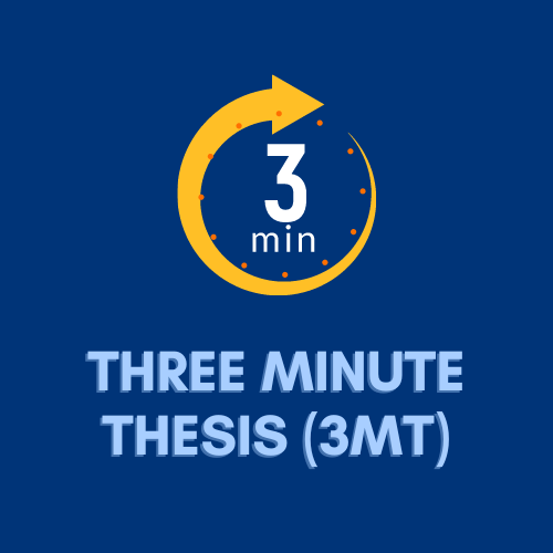Illustration of a 3-minute timer with the words THREE MINUTE THESIS (3MT)