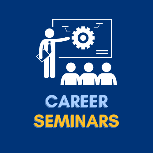 Illustration of a person pointing at a blackboard, while three people watch. Under this, the words CAREER SEMINARS