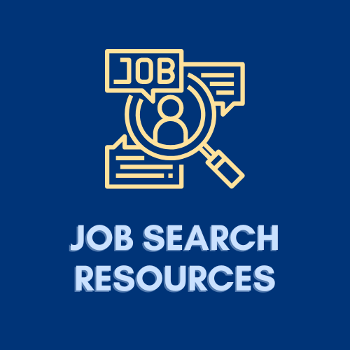 Illustration of a magnifying glass looking for jobs with the words JOB SEARCH RESOURCES