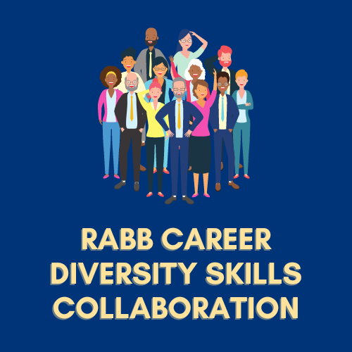 Illustration of a group of people. Under it the words RABB CAREER DIVERSITY SKILLS COLLABORATION