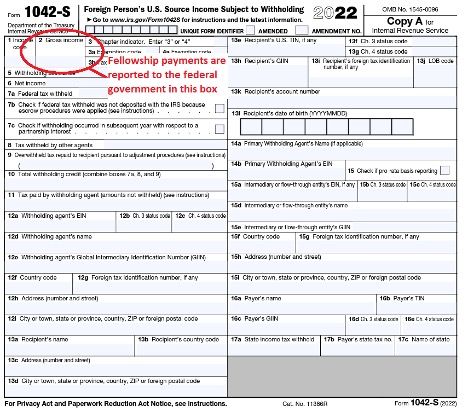 A 1042-S form. Box 2 is circled in red with the text "Fellowship payments are reported to the federal government in this box."