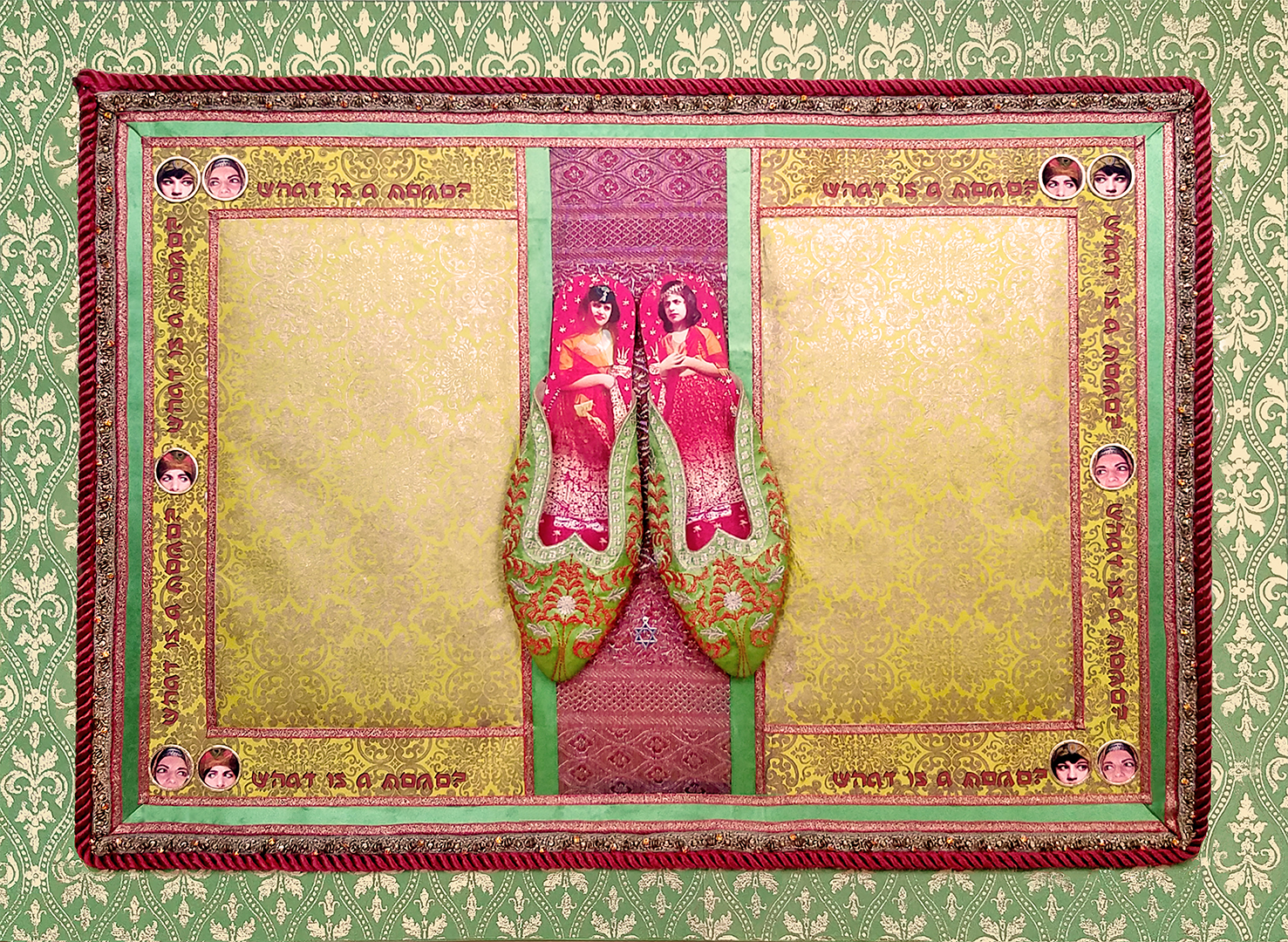 wall piece with patterened silk and slippers mounted in the middle. the outer most area is green silk with a floral pattern, then inside is a rose pink cord around it. the center background is a golden floral pattern, in the center behind the slipper is a vertical green and rose gold thick stripe pattern decoration. two photographic images young girls are cut in circular shape decorate each of the four corners of the golden floral background. the outside of the slipper has a green background with rose pink floral emboridery. inside of the slipper is rose pink background with two photographic image of two women in rose pink dresses.