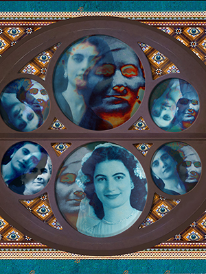 ornate wooden frame with interior circular cutouts containing blue photographic images of women 