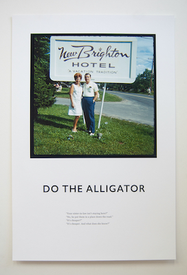 A print of a 1960s couple posed next to a New Brighton Hotel vacation sign with accompanying text that reads, "DO THE ALLIGATOR." 
