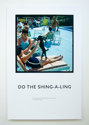 A print of a colored, 1960s poolside photograph of two women on patio chairs with a dog, and others sitting around tables in the background, paired with the text, "DO THE SHING-A-LING"