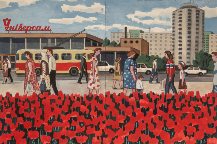 painted image of people walking by a bus station with red flowers in the foreground