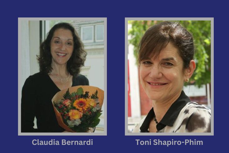 On the left, Claudia Bernardi is a White woman with long brown hair wearing a black dress holding a bouquet of flowers. On the right, Toni Shapiro-Phim is a White woman with brown hair standing in front of a tree with green leaves.