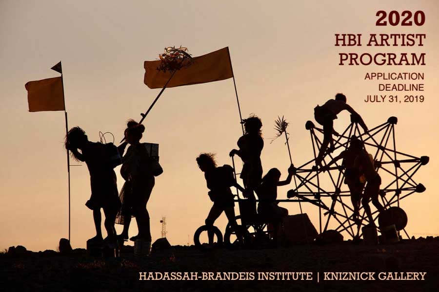 2020 HBI Artist Program. Application Deadline July 31, 2019. Hadassah-Brandeis Institute | Kniznick Gallery. Background image shows a silhouette of procession of people wearing or riding on various contraptions and holding flags as they parade through a desert landscape. It is a video still from Meirav Heiman and Ayelet Carmi's "One Foot Planted."