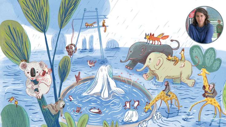 Drawing for children's book of animals drinking water including elephants, giraffes and more