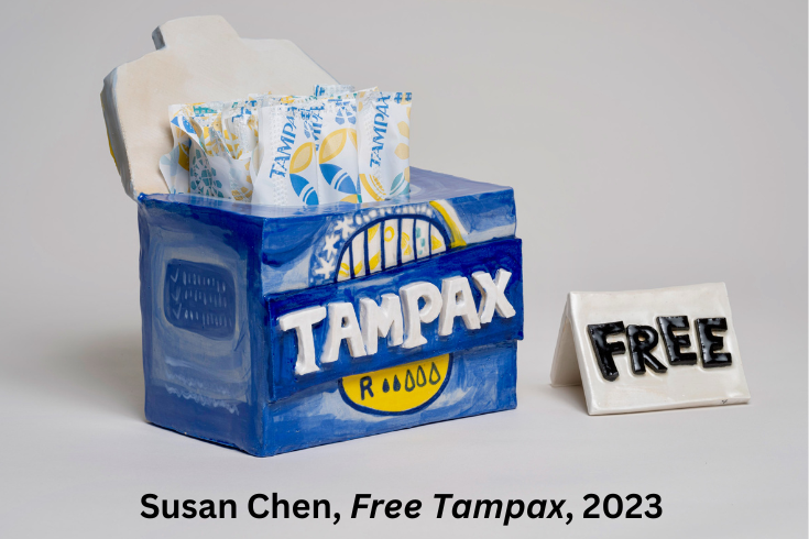 Susan Chen, Free Tampax, 2023, Ceramics Installation, Tampax Box: 6” W x 7” D x 7.5” H Free Sign: 3” W x 3” D x 2.25” H