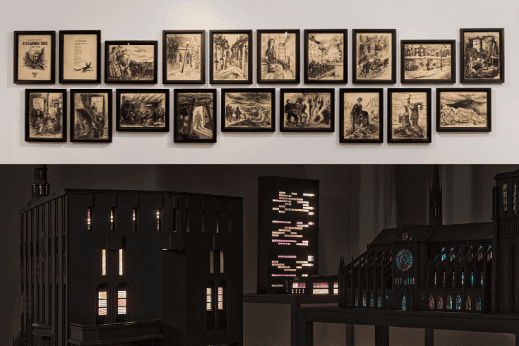 top: framed drawings in black and white; below: city building models with lights