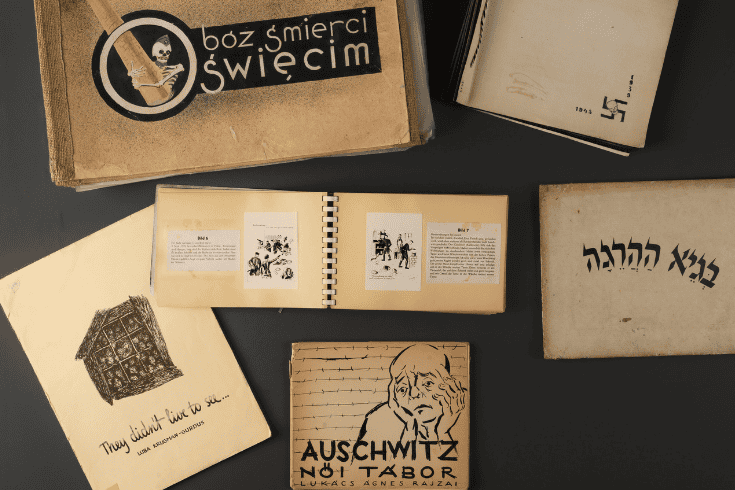 Booklets with handrawn images and texts. Text includes Auschwitz, they didn't live to see. Images includes swastika and skeletons 