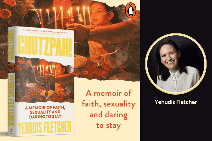 Left, photo showing a young girl lighting Chanukah candles with the text A Memoir of Faith, Sexuality and Daring to Stay, and the book cover which shows the girl lighting candles with the text, Chutzpah! A Memoir of Faith, Sexuality and Daring to Stay, Yehudis Fletcher, right photo of Yehudis Fletcher 