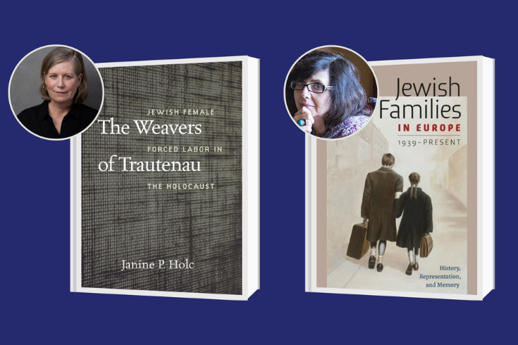 Left: book cover of "The Weavers" with a gray and black woven image and the title, and photo of Janine Holc; on the right: Book cover of "Jewish Families" showing an image of a family walking away, with a photo of Joanna Michlic 