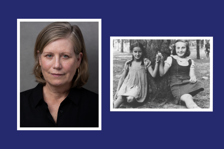 On the left: a photo of Janine Holc; on the right, a black and white photograph of two young girls sitting in front of a large tree holding onto each other's pinky fingers
