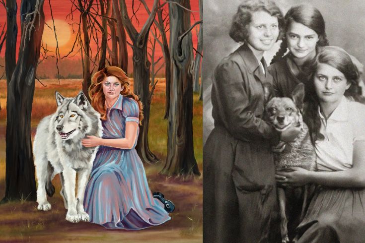 Tema Schneiderman, a young woman, in a painting with a wolf in a forest, and in a photograph with her family and a dog