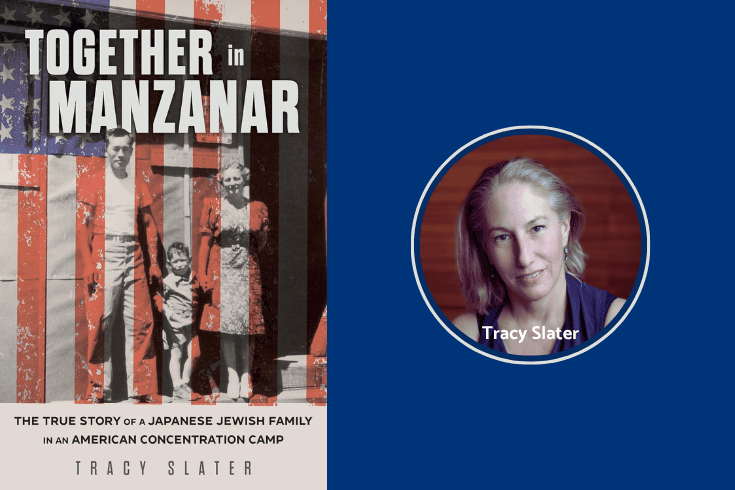 Left, book cover showing 3 people, a mother, father, and young child, standing in front of a barrack apartment, with text: Together in Manzanar: The True Story of a Japanese Jewish Family in an American Concentration Camp, Tracy Slater, overlaid by an American flag. Right, Tracy Slater