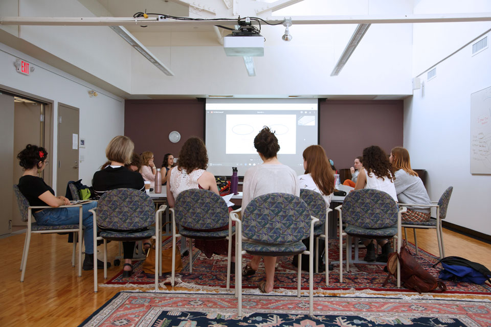 Students' backs as they look toward the front of the room