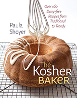 Book cover has photo of a bundt cake with a whisk dripping icing on the cake. Text reads: Paula Shoyer. Over 160 Dairy-free Recipes from Traditional to Trendy. The Kosher Baker.