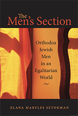 Book cover text reads: The Men's Section: Orthodox Men in an Egalitarian World. Elana Maryles Sztokman. Photo is of  drapery with shadows.