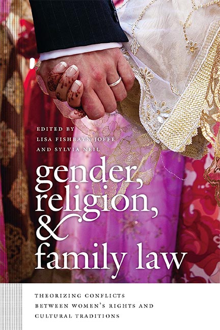 Book Cover. Text reads: Edited by Lisa fishbayn Joffe and Sylvia Neil. Gender, Religion, and Family Law: Theorizing Conflicts Between Women’s Rights and Cultural Traditions. Large photo of a bride and groom holding hands. The picture is zoomed in on their clasped hands and the elaborate, embroidered and brightly colored fabrics of the of the bridal dress and the henna patterns on her fingers.