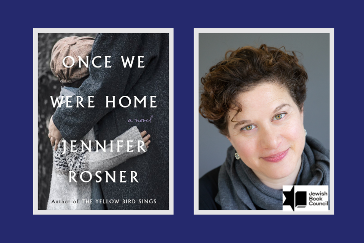 On the left, an image of the book cover: a small boy in a brown cap, holding onto his parent, as seen from behind; on the right, an image of author Jennifer Rosner, a woman with short brown hair wearing a scarf 