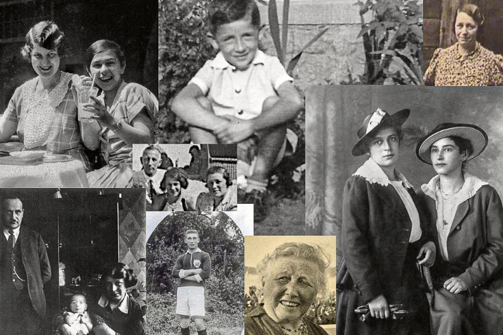 A collage of black and white photos of family members of Karin Rosenthal