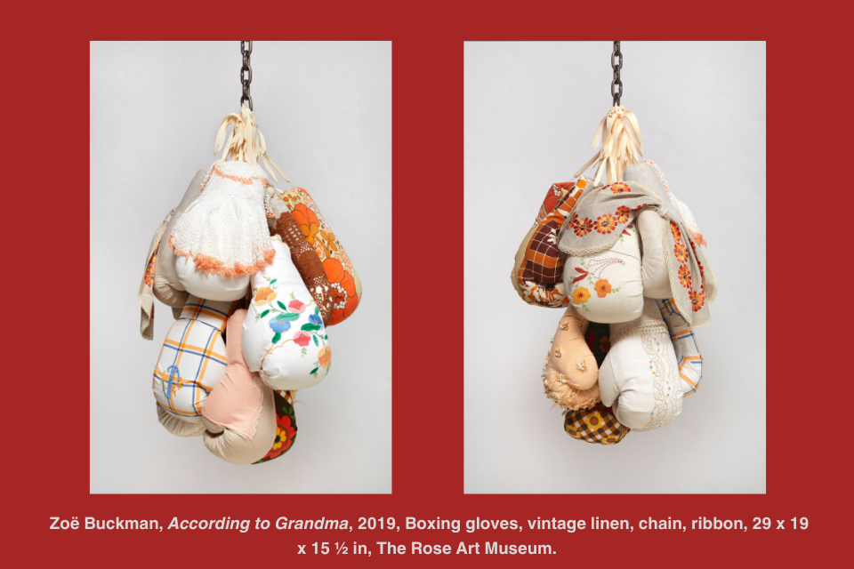 two images of several boxing gloves covered in decorative and lace linen made to look like oven mitts, hanging from a chain