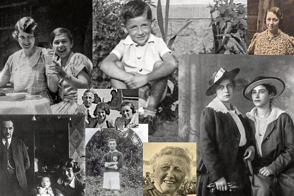 Black and white photos of family members including men, women, children and a baby 