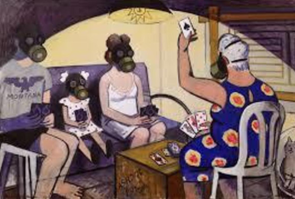 A color painting of four people in gas masks playing cards in a living room. 