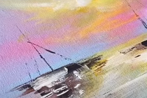 An abstract painting of a sailboat on the ocean at sunset. 