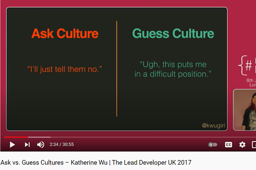 A screenshot of video with a powerpoint presentation on ask culture vs. guess culture. 