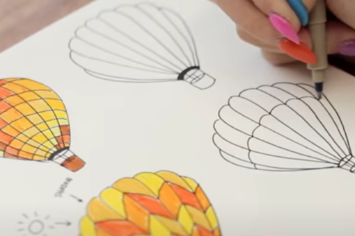 Hot air balloon drawing being colored in