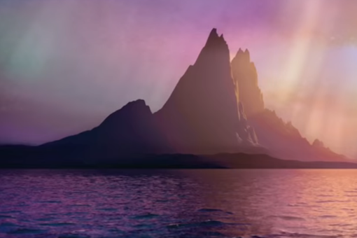 A mountain rising out of the sea in purple sunset. A ship rests in the water.
