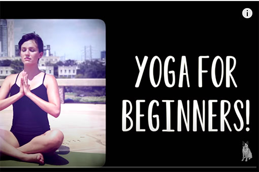 Adriene (from Yoga with Adriene) sitting on a yoga mat in front of a city skyline