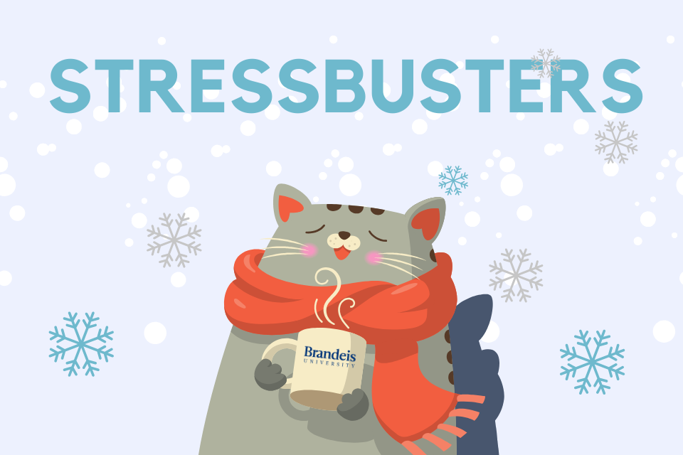 A cartoon cat wearing a scarf sips a hot drink from a mug