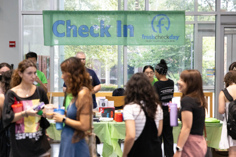 The Shapiro Campus Center atrium with a giant Fresh Check Day banner