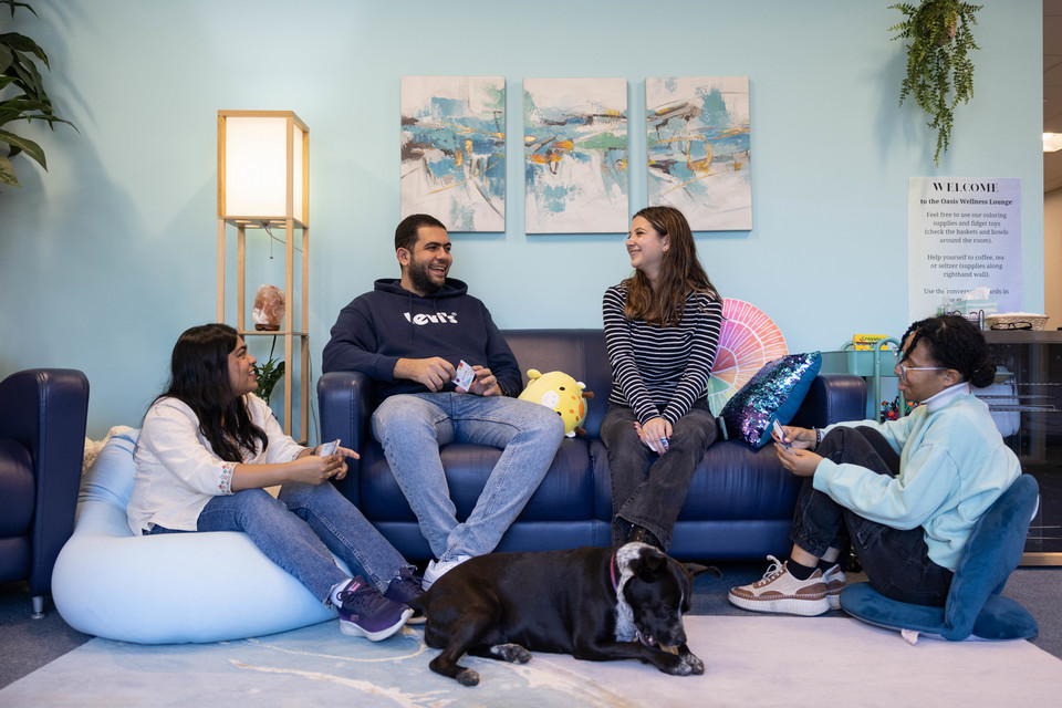 Students gather in the Oasis Wellness Lounge and chat
