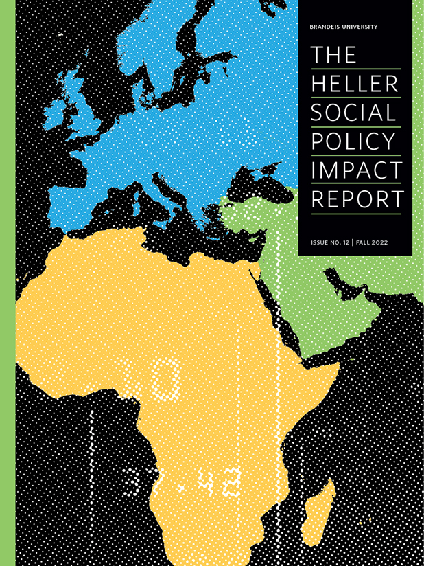 2022 Heller Social Policy Impact Report cover with an illustration of Africa and Europe