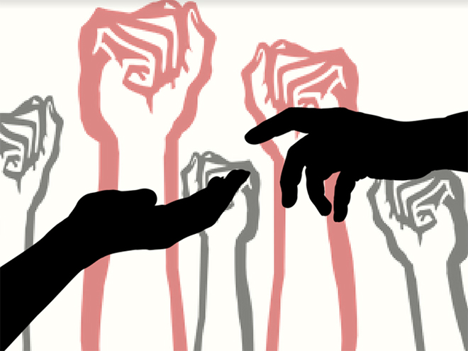 illustration of raised fists and hands reaching out to each other
