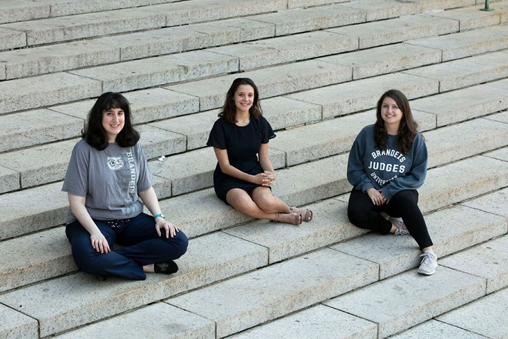 students and alumni sit on steps of brandeis