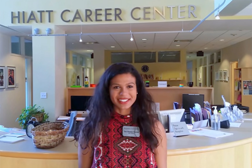 student worker in Hiatt's lobby