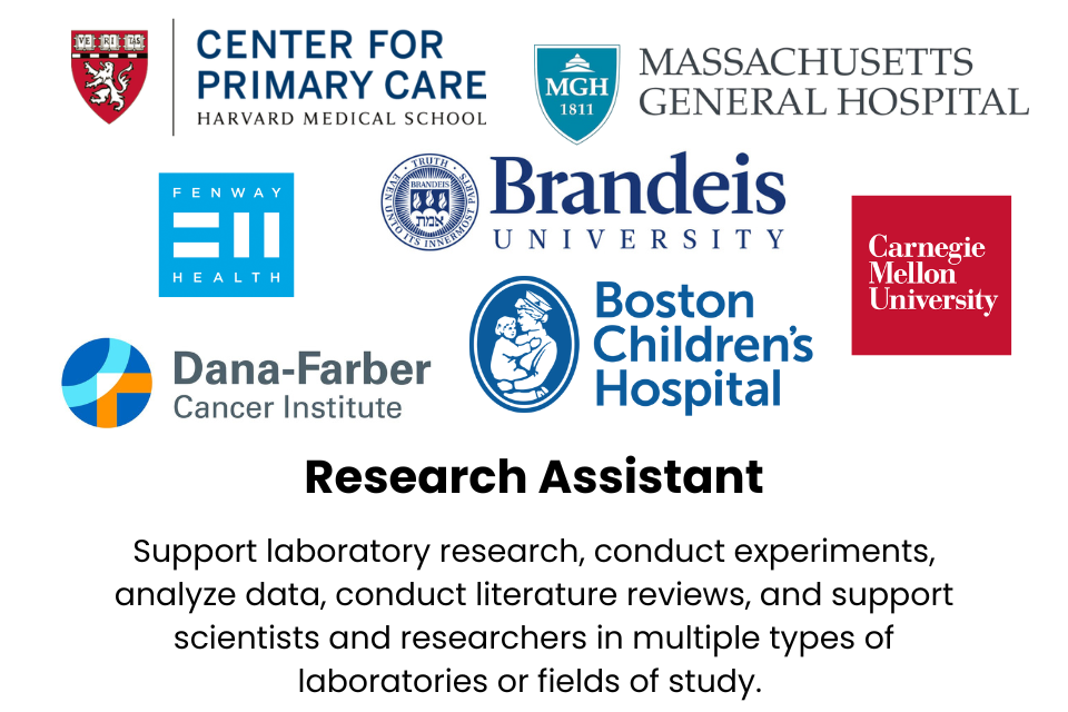 Research Assistant  Support laboratory research, conduct experiments, analyze data, conduct literature reviews, and support scientists and researchers in multiple types of laboratories or fields of study.